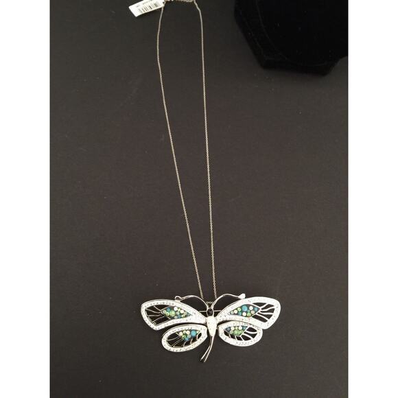 New Silvertone Butterfly Pendant Brooch Necklace on Silvertone Chain 18" - Picture 2 of 8